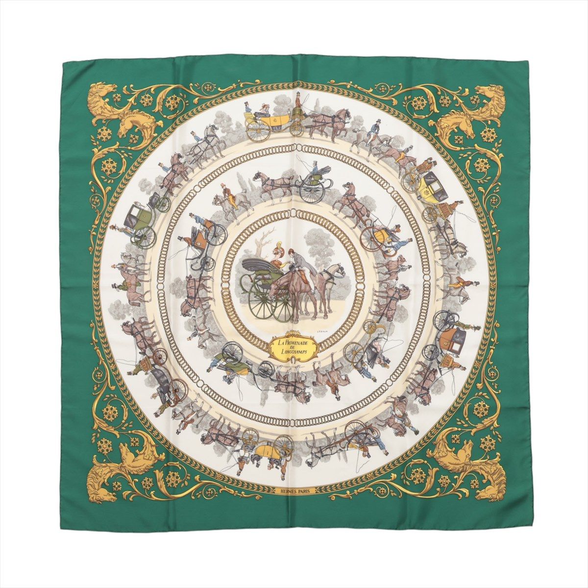 【中古】エルメス カレ90 LA PROMENADE DE LONGCHAMPS ロンシャンヘノ散歩 スカーフ シルク グリーン