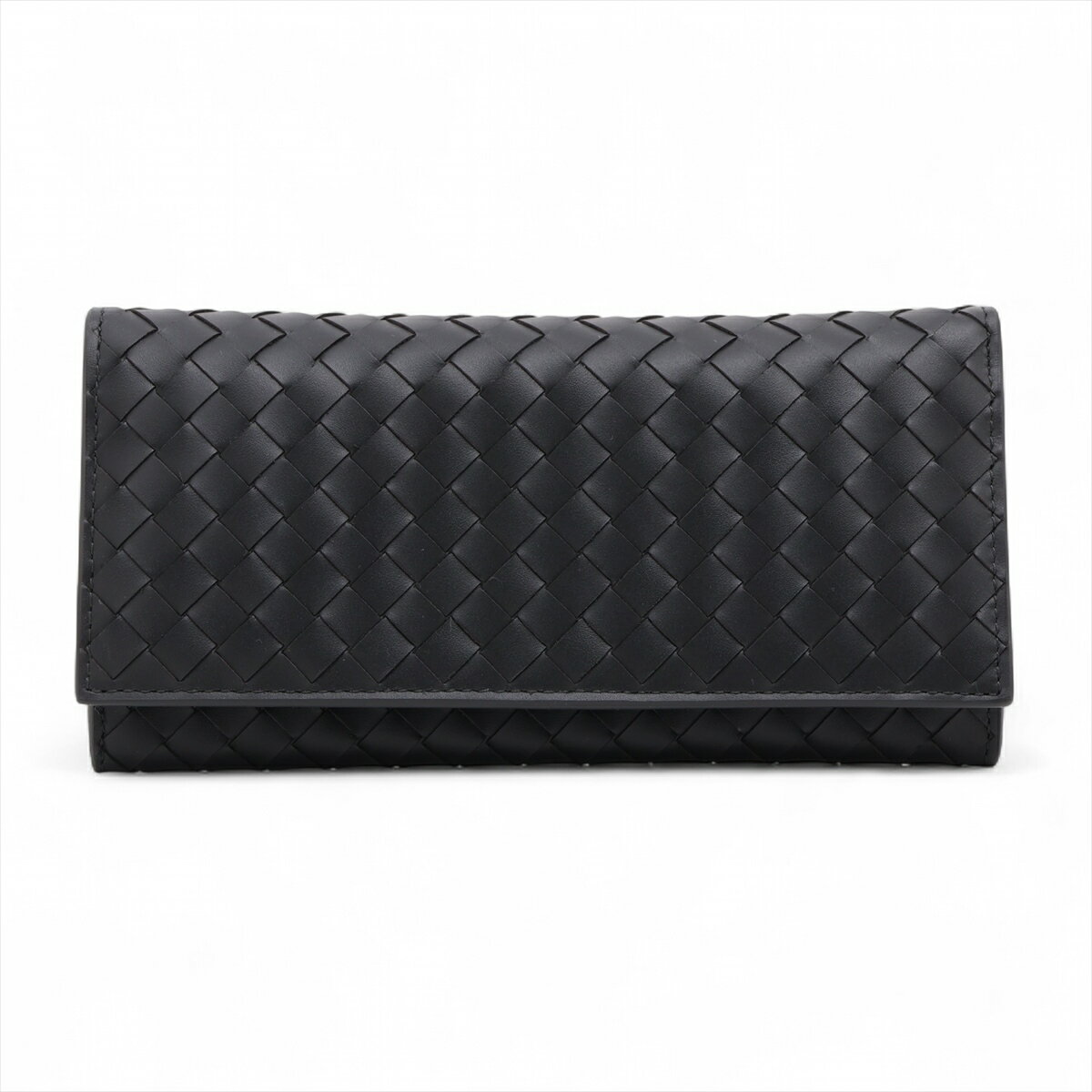 【中古】ボッテガヴェネタ イントレチャート レザー ロングウォレット ブラック