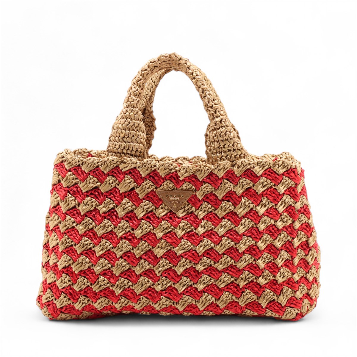 正規品　プラダ　ラフィア　クロシェ トートバッグ かごバッグ 未使用 ☆Prada☆ロゴ入り ラフィア風 クロシェ トートバッグ (PRADA/かご