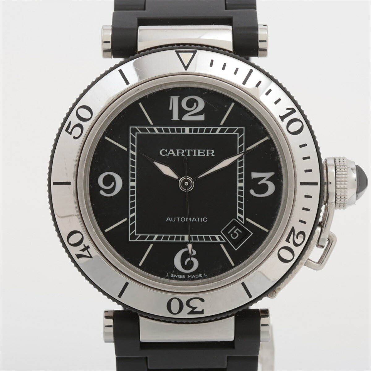 【中古】カルティエ パシャ シータイマー W31077U2 SS SS×ラバー AT 黒文字盤 あま ...