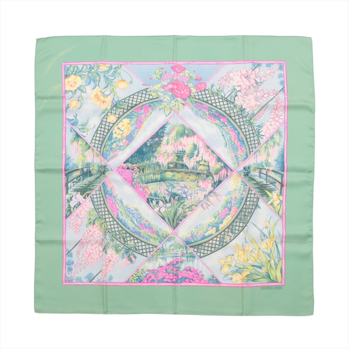 【中古】エルメス カレ90 GIVERny 庭 スカーフ シルク グリーン
