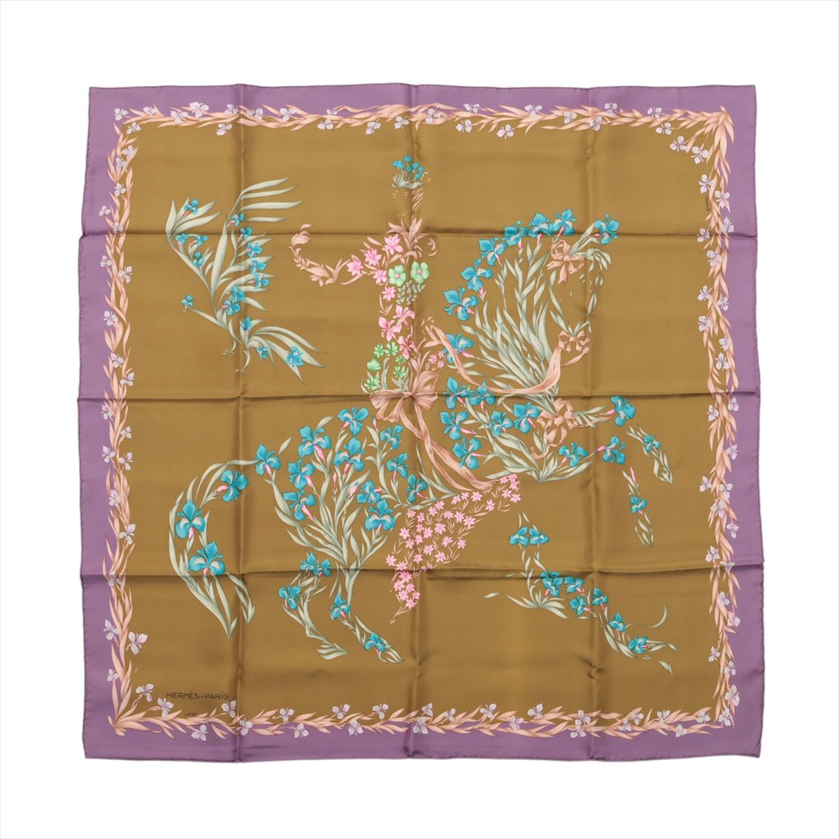 乐天商城 - 【中古】エルメス カレ90 H.d'Origny 花咲く馬 スカーフ シルク グリーン×パープル