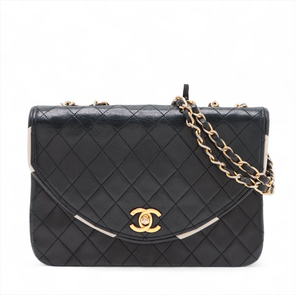 【中古】シャネル マトラッセ ラムスキン シングルフラップ ダブルチェーンバッグ ブラック ゴールド金具 0番台(4.0)