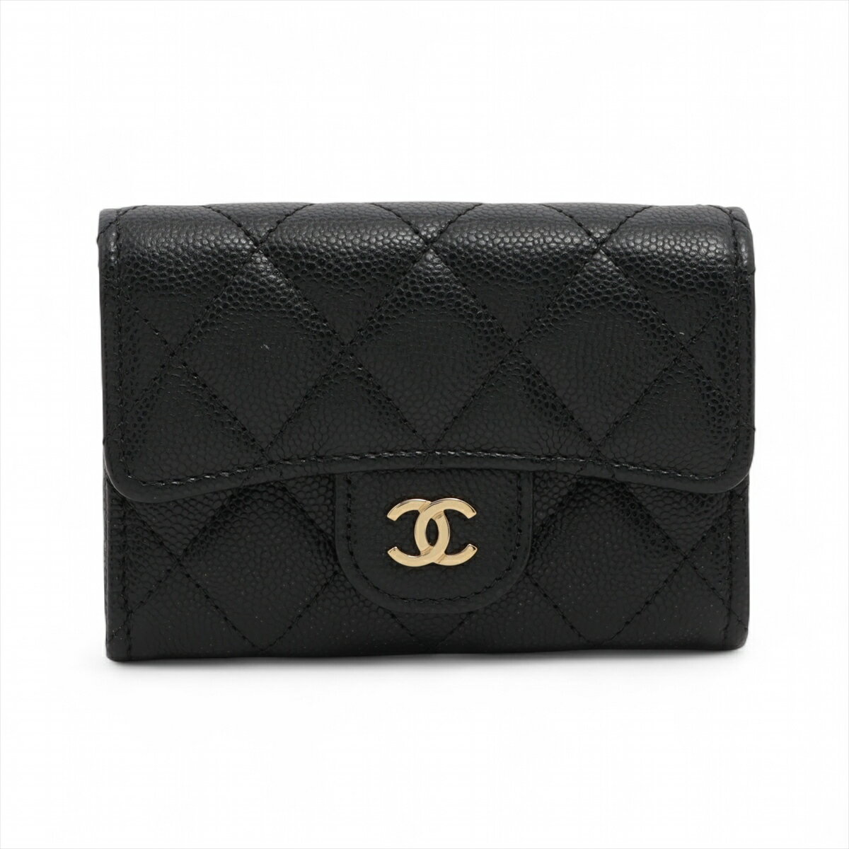【中古】シャネル マトラッセ キャビアスキン コインケース フラップ ブラック ゴールド金具 ランダムシリアル