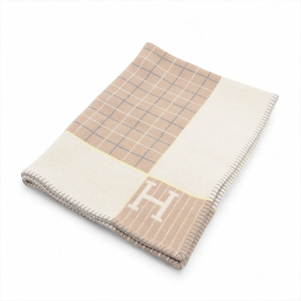 【中古】エルメス アヴァロン ブランケット ウール×カシミヤ ベージュ×グレー