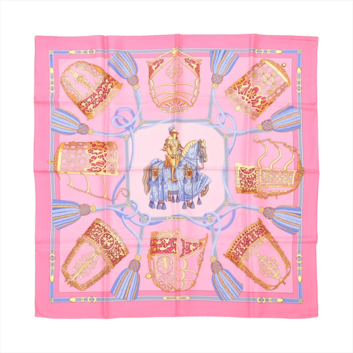 【中古】エルメス カレ90 LES MUSEROLLES 鼻革 スカーフ シルク ピンク