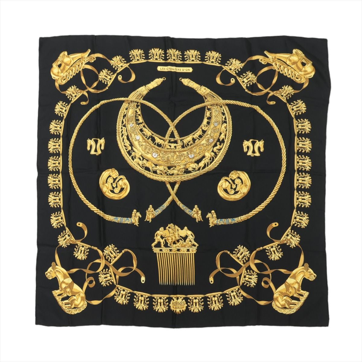 【中古】エルメス カレ90 LES CAVALIERS D'OR 黄金の騎士 スカーフ シルク ブラック