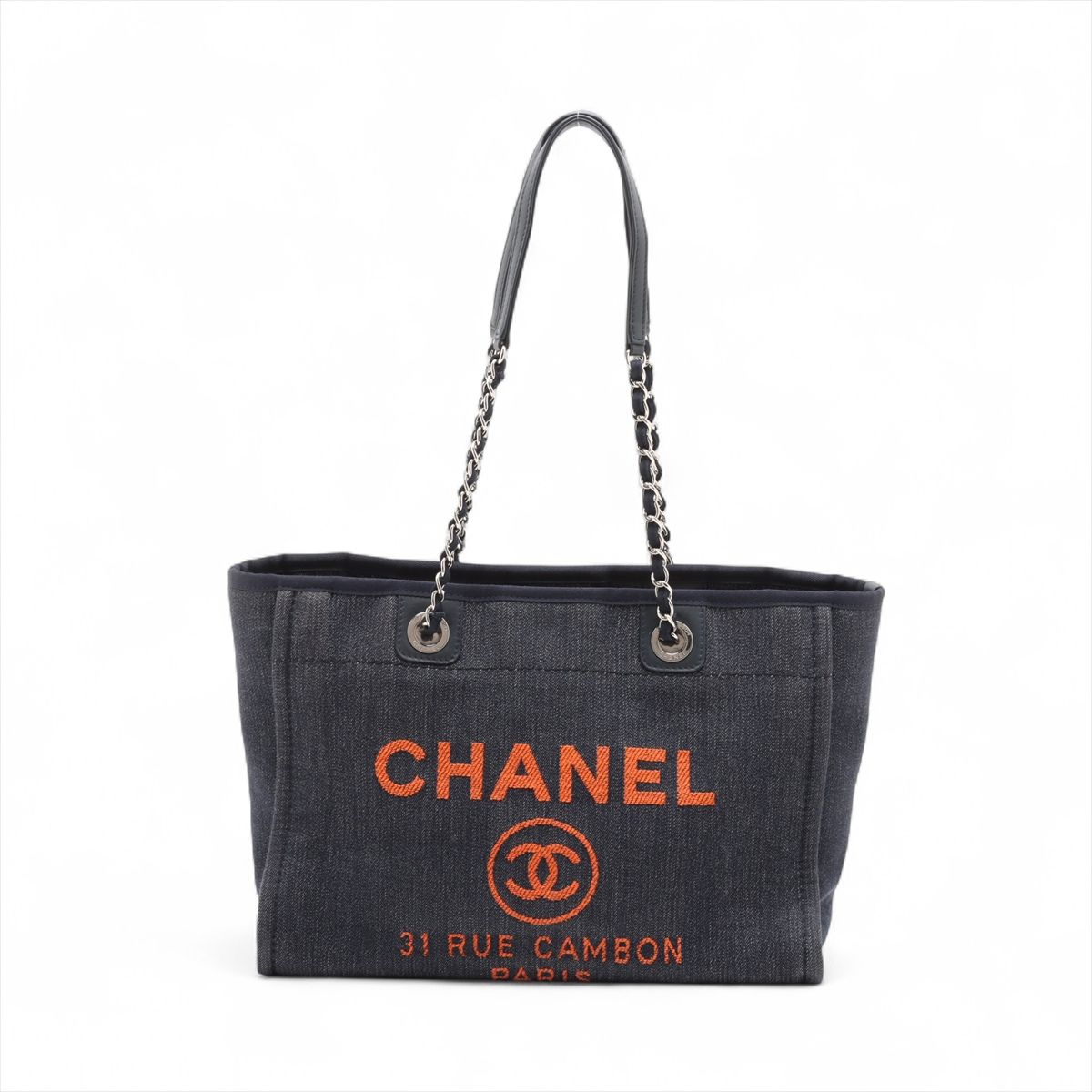 CHANEL - 【中古】シャネル ドーヴィルMM デニム チェーントートバッグ ネイビー シルバー金具 26番台