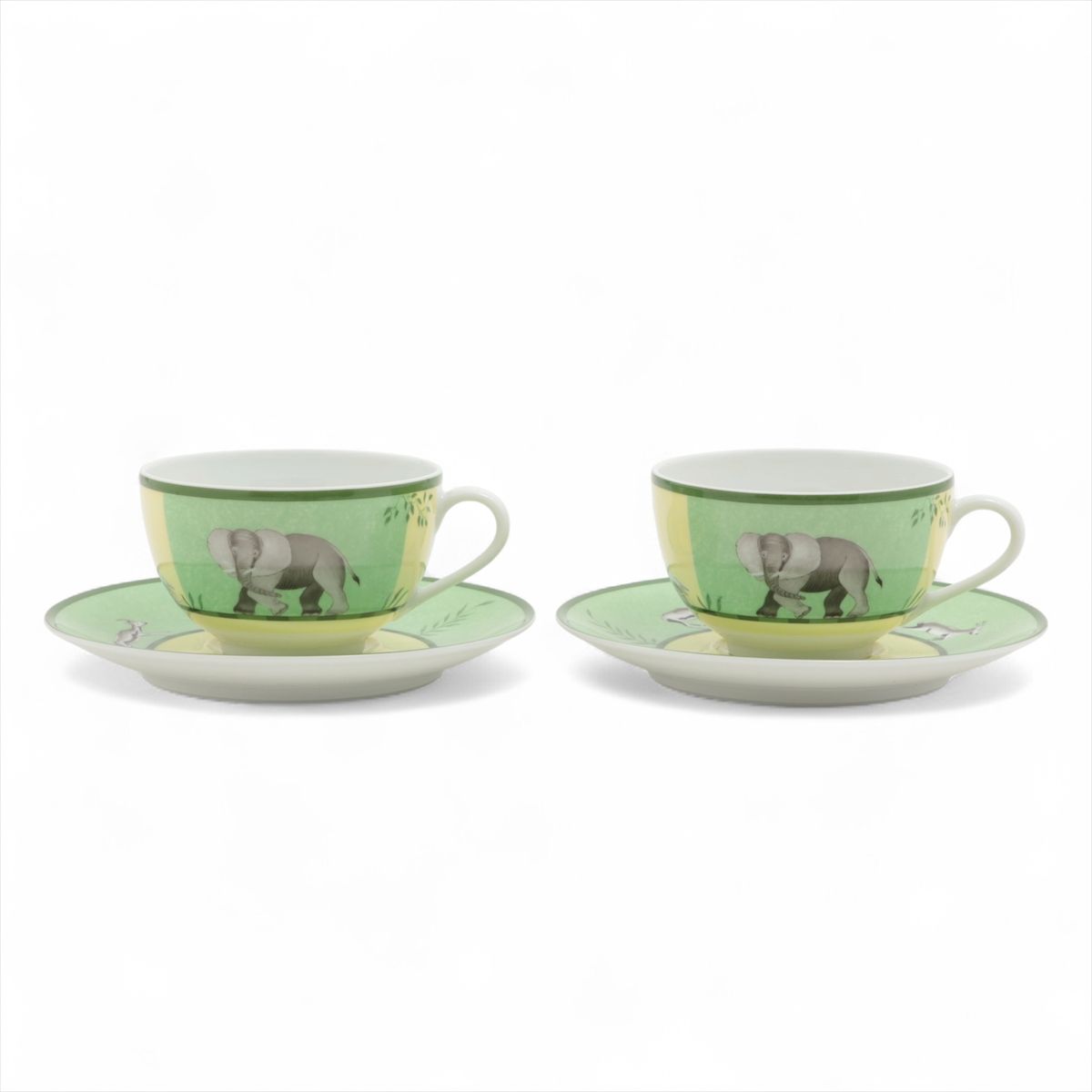 【中古】エルメス アフリカ カップ&ソーサー 陶器 グリーン×イエロー 底印「帽子」「3本槍」他 2客セット