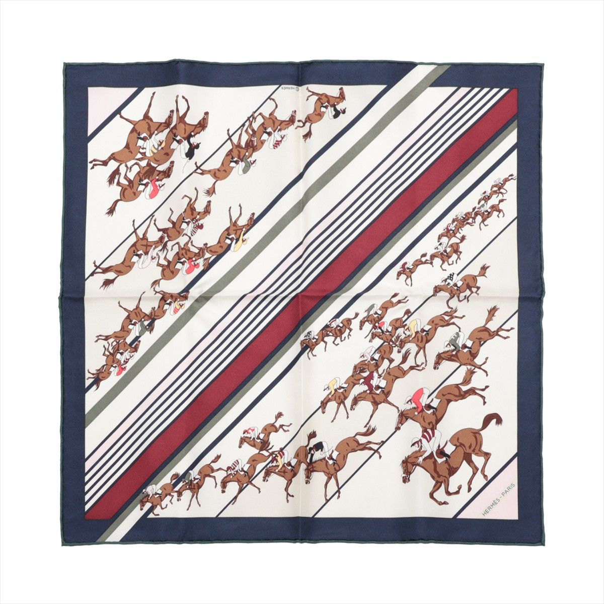 【中古】エルメス カレ45 LES COURSES 競馬 スカーフ シルク ネイビー