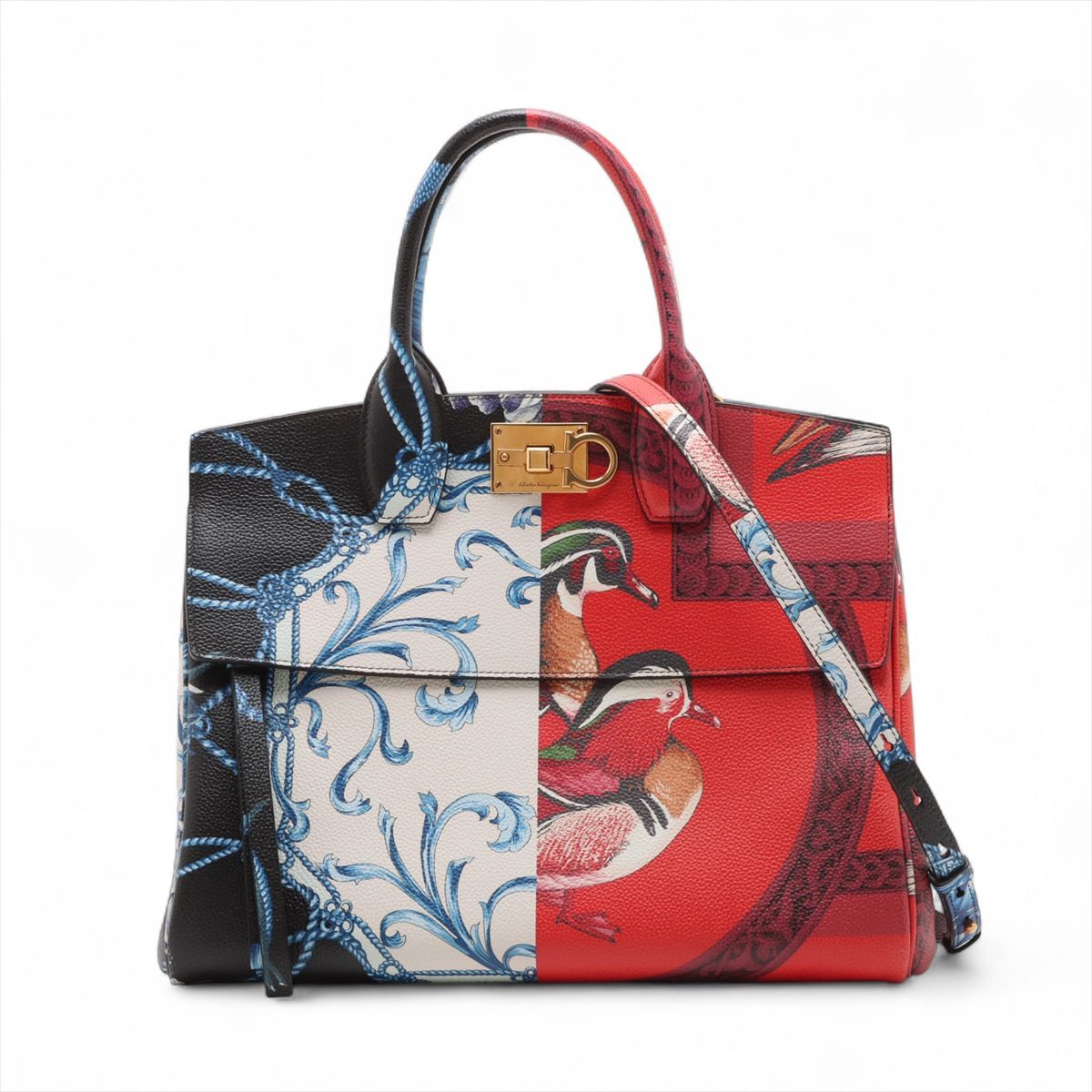 FERRAGAMO - 【中古】フェラガモ ガンチーニ スタジオ レザー 2WAYハンドバッグ ブルー×レッド