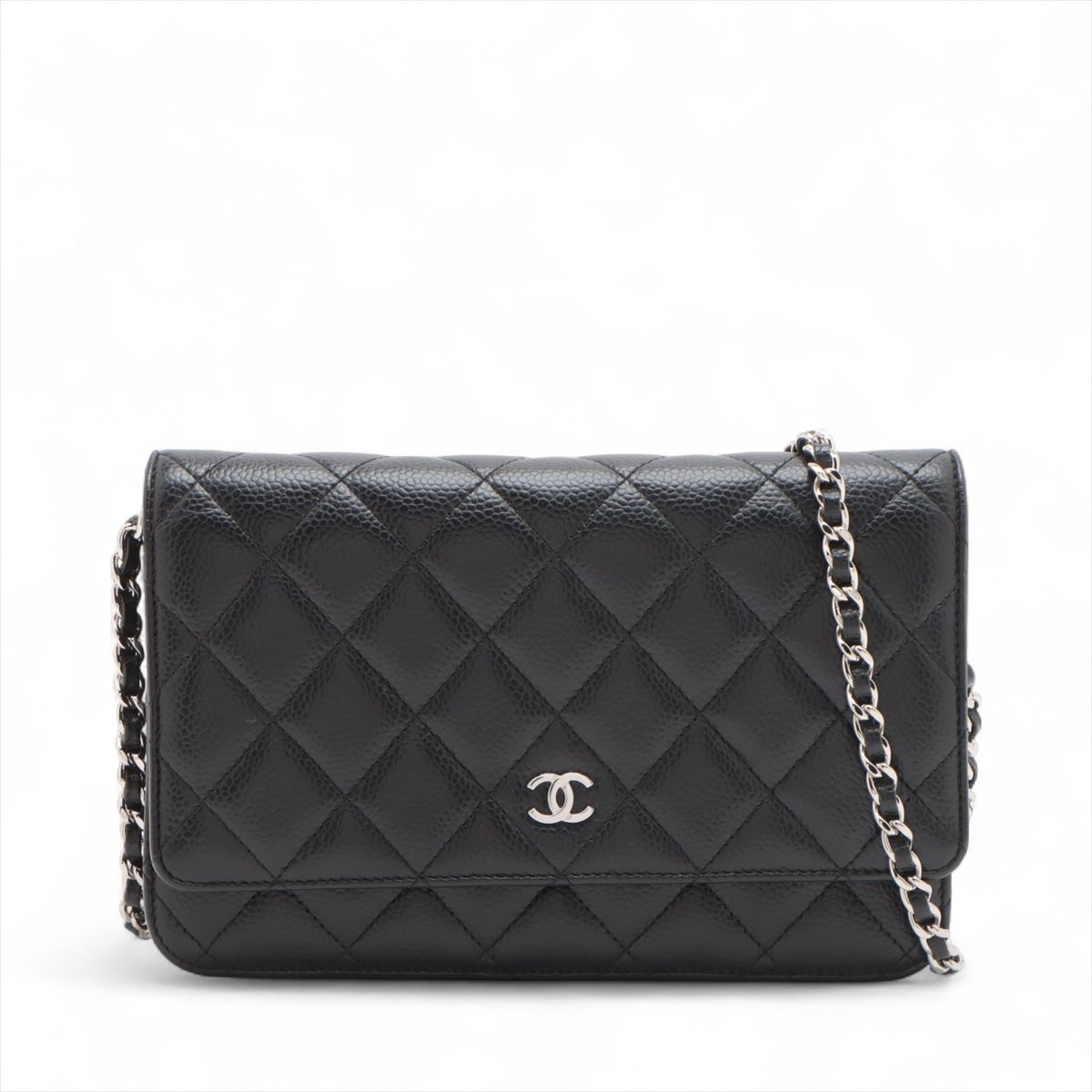 CHANEL - 【中古】シャネル マトラッセ キャビアスキン チェーンウォレット ブラック シルバー金具 ランダムプレート AP0250