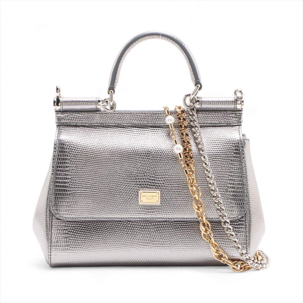 DOLCE & GABBANA - 【中古】ドルチェ&ガッバーナ シシリー リザード型押し 2WAYハンドバッグ シルバー ミラー付き