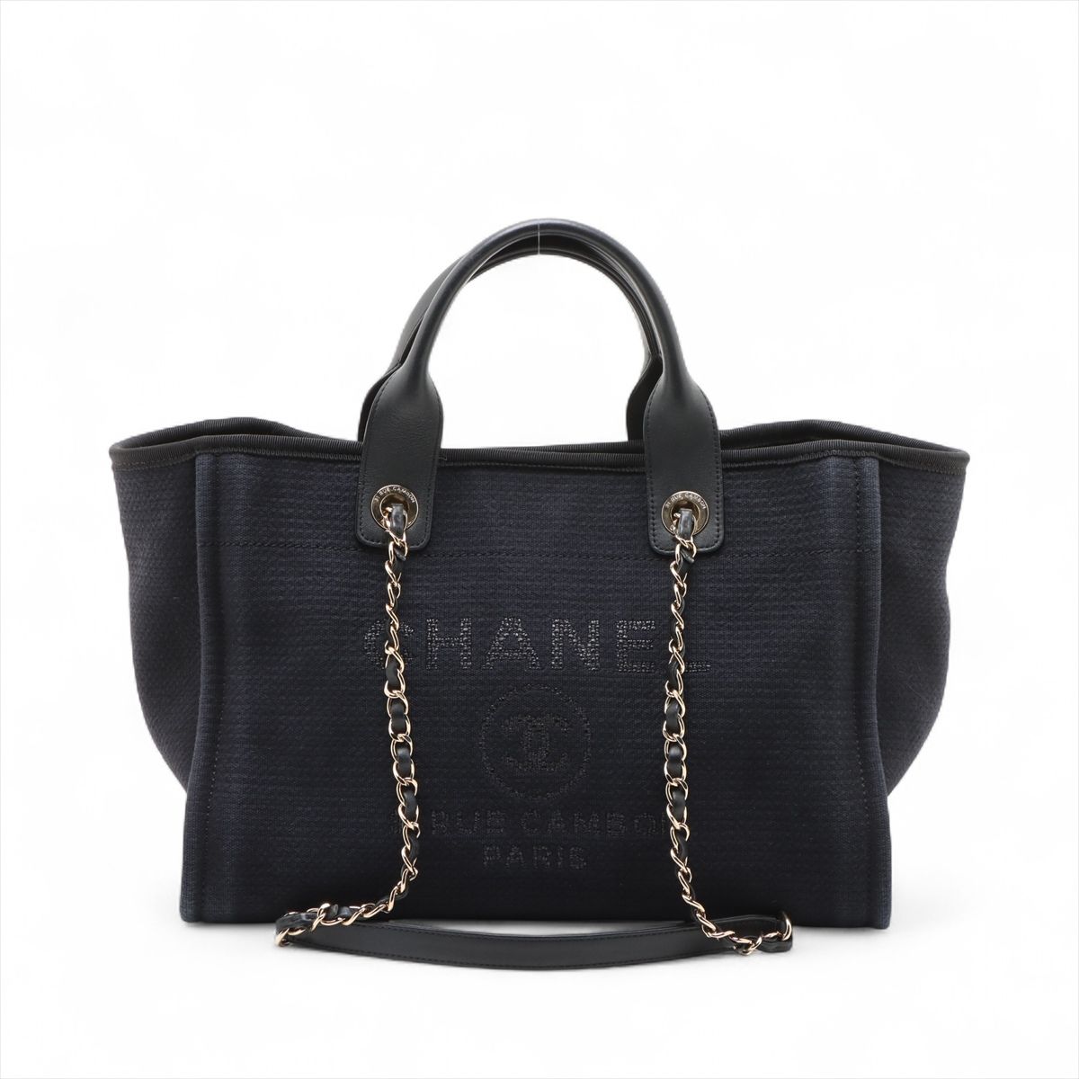 CHANEL - 【中古】シャネル ドーヴィルMM キャンバス×レザー 2WAYトートバッグ ネイビー×ブラック ゴールド金具 ランダムプレート