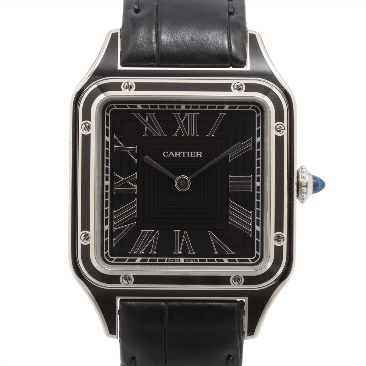 【中古】カルティエ サントス デュモンLM WSSA0046 SS SS×革 手巻き ブラック文字盤