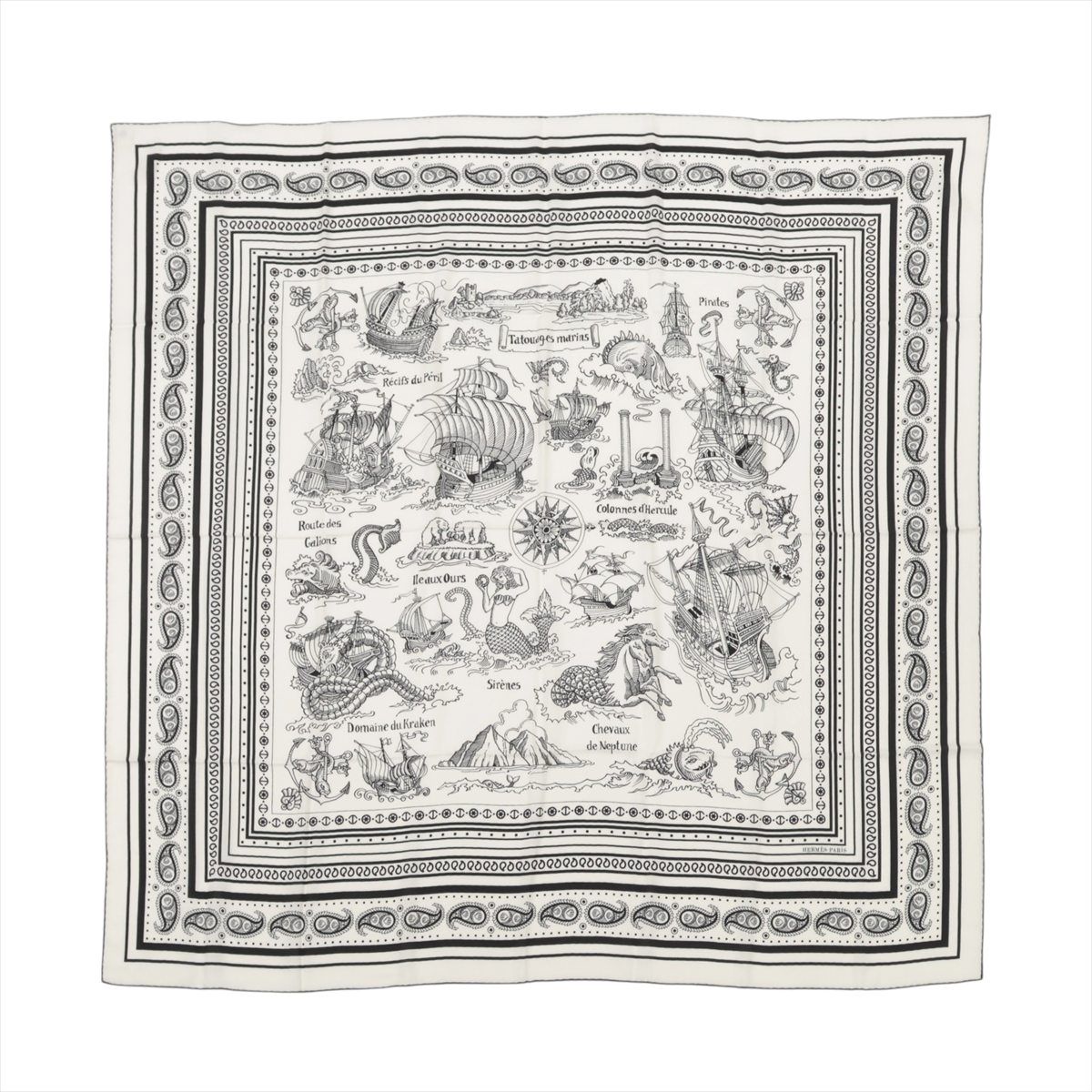 乐天商城 - 【中古】エルメス カレジェアン Tatouages Marins Bandana 船乗りのタトゥー バンダナ スカーフ カシミヤ×シルク ホワイト×ブラック