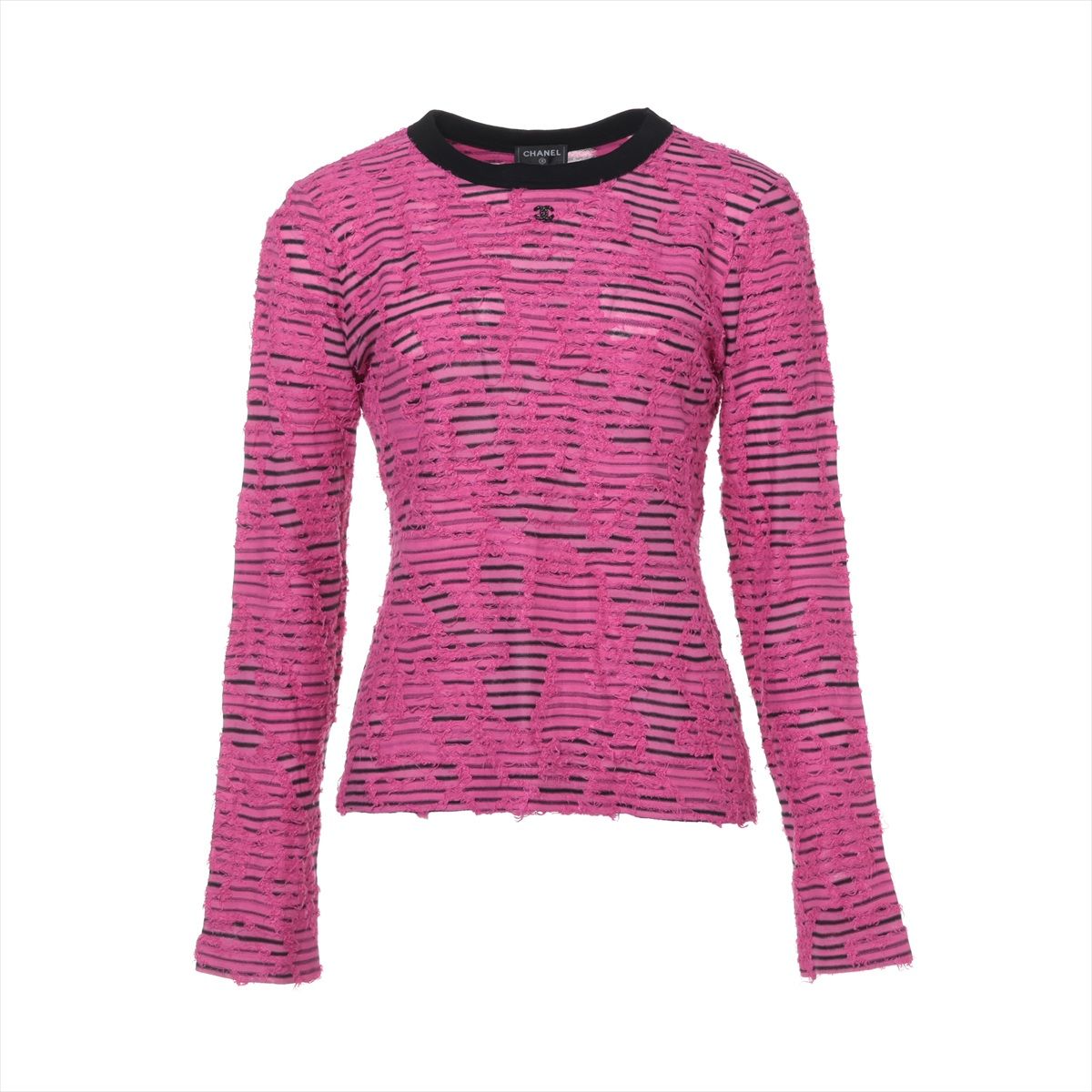 樂天商城 - 【中古】シャネル ココマーク 24年 ビスコース×コットン ロングTシャツ 36 レディース ピンク×ブラック P77487K11207 ロゴ総柄 ラインストーン ボーダー 保存袋あり