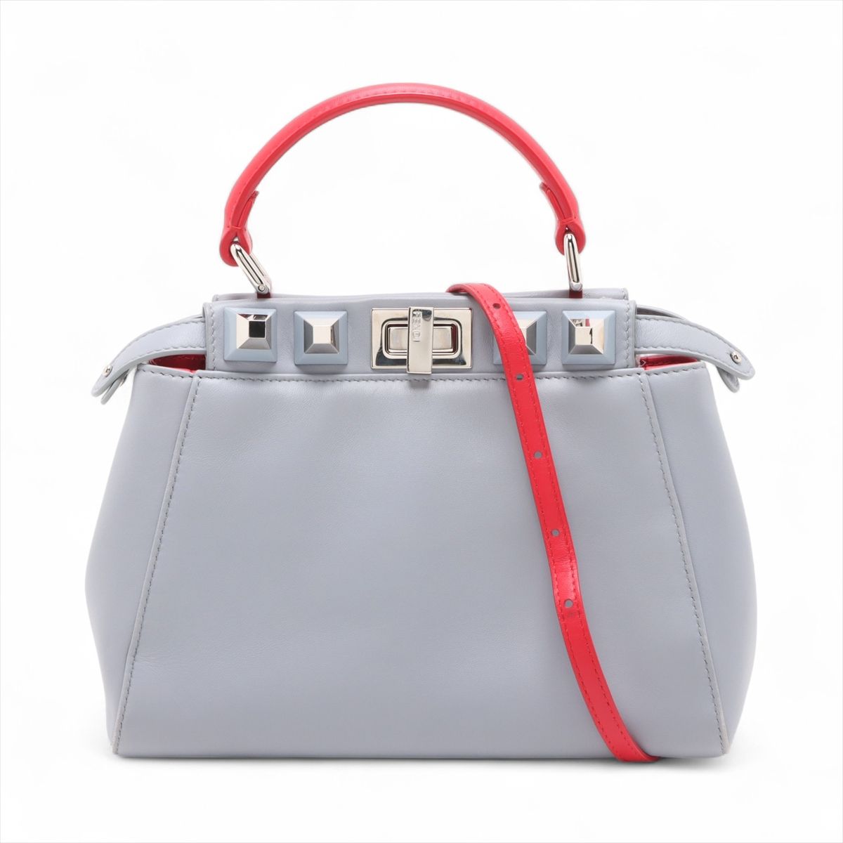 FENDI - 【中古】フェンディ ミニピーカブー レザー 2WAYハンドバッグ グレー×レッド 8BN244