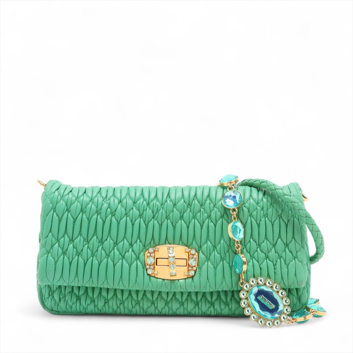 Miumiu - 【中古】ミュウミュウ マテラッセ ナッパクリスタル レザー 2WAYショルダーバッグ グリーン RP0233