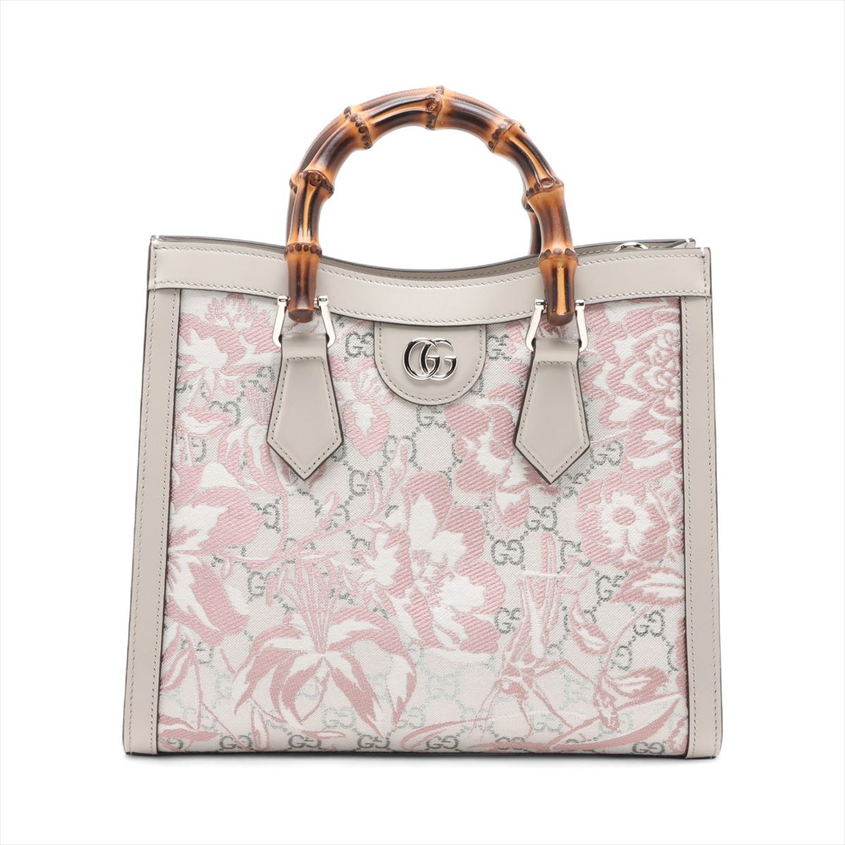 GUCCI - 【中古】グッチ バンブー ダイアナ 刺繍×レザー ハンドバッグ グレー×ピンク 853226 日本限定