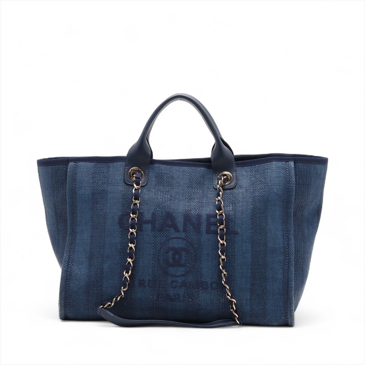 CHANEL - 【中古】シャネル ドーヴィルGM ミックスファイバー×レザー 2WAYトートバッグ ネイビー ゴールド金具 29番台