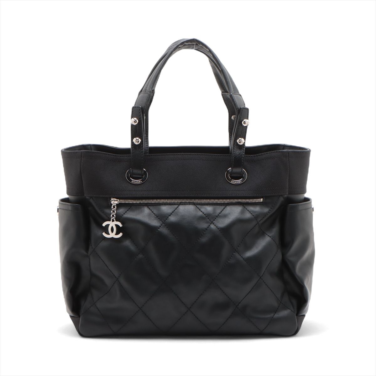 CHANEL - 【中古】シャネル パリビアリッツGM コーティングキャンバス×レザー トートバッグ ブラック シルバー金具 11番台