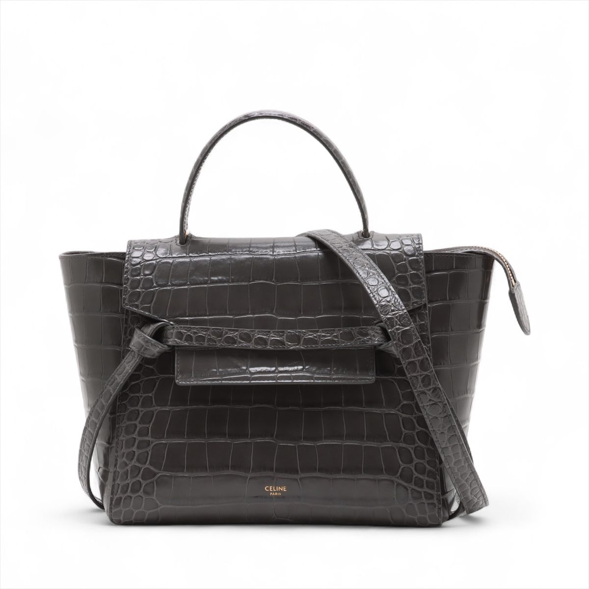 CELINE - 【中古】セリーヌ ベルトバッグマイクロ クロコ型押し 2WAYハンドバッグ グレー