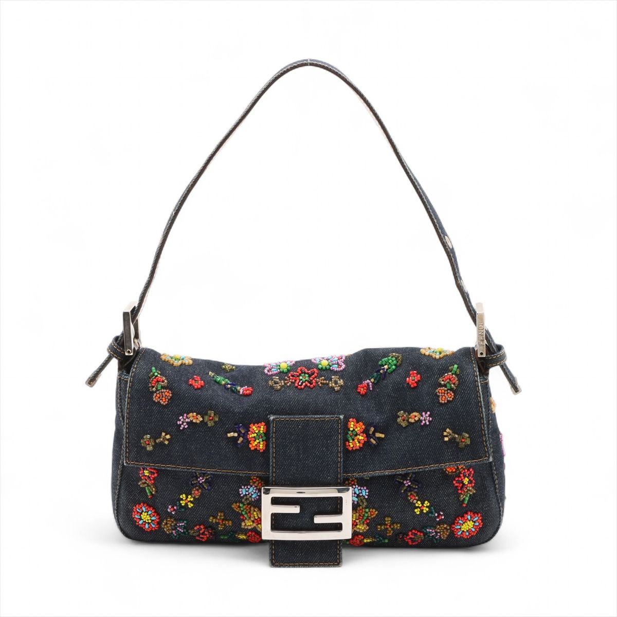 FENDI - 【中古】フェンディ マンマバケット デニム×ビーズ ショルダーバッグ ネイビー