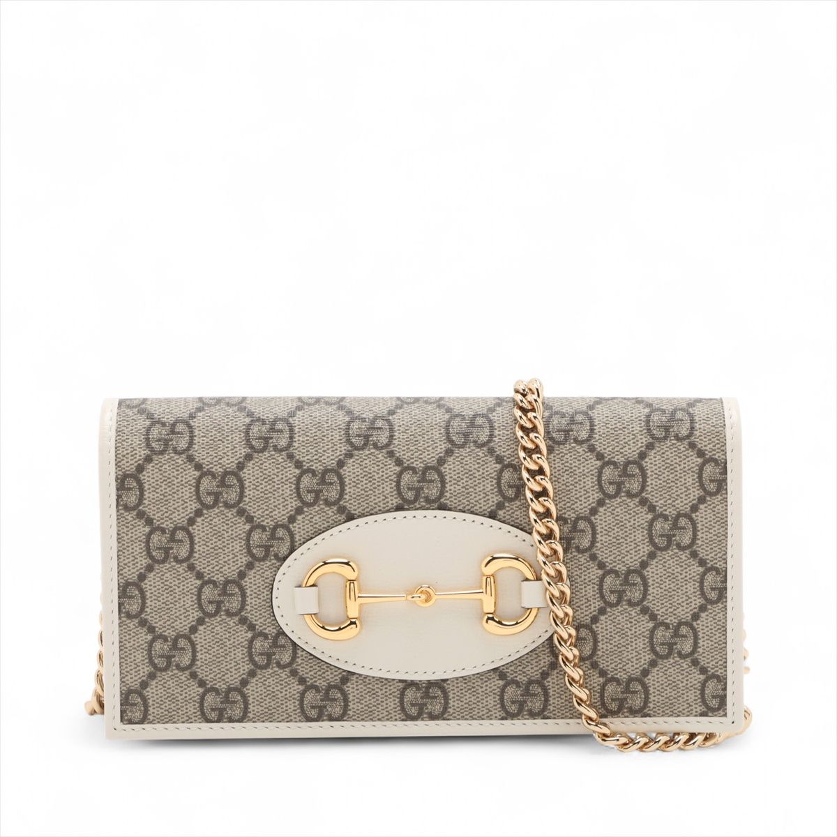 GUCCI - 【中古】グッチ GGスプリーム ホースビット PVC×レザー チェーンウォレット ベージュ×ホワイト 621892