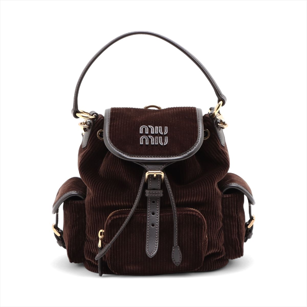 Miumiu - 【中古】ミュウミュウ コーデュロイ×レザー バックパック/リュック ブラウン 5BZ043