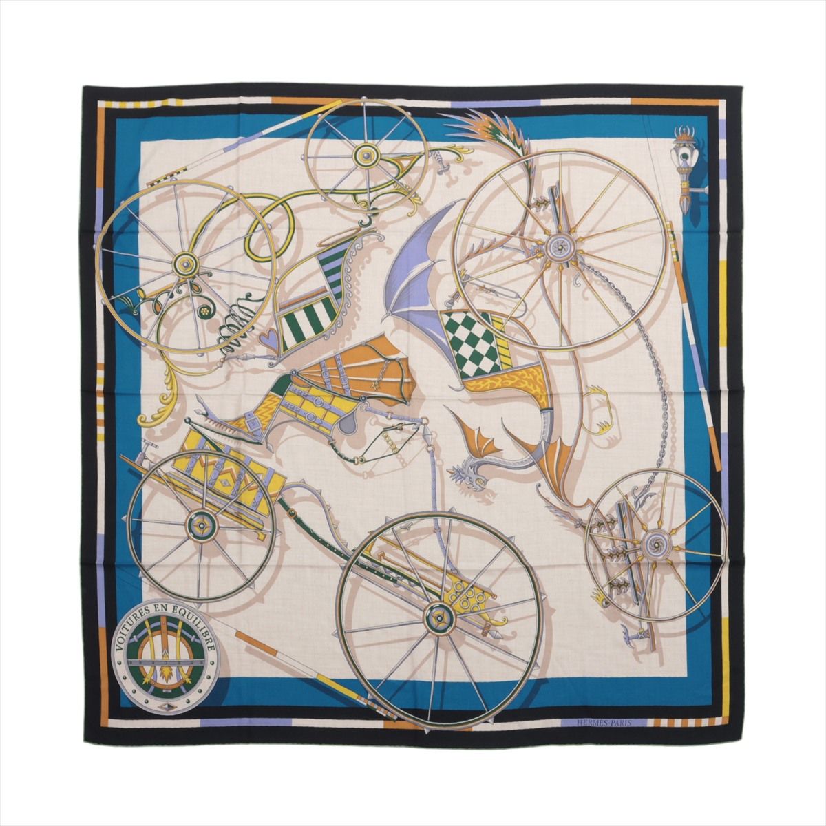 【中古】エルメス カレジェアン VOITURES EN EQUILIBRE 精巧な馬車 スカーフ カシミヤ×シルク ブラック×マルチカラー