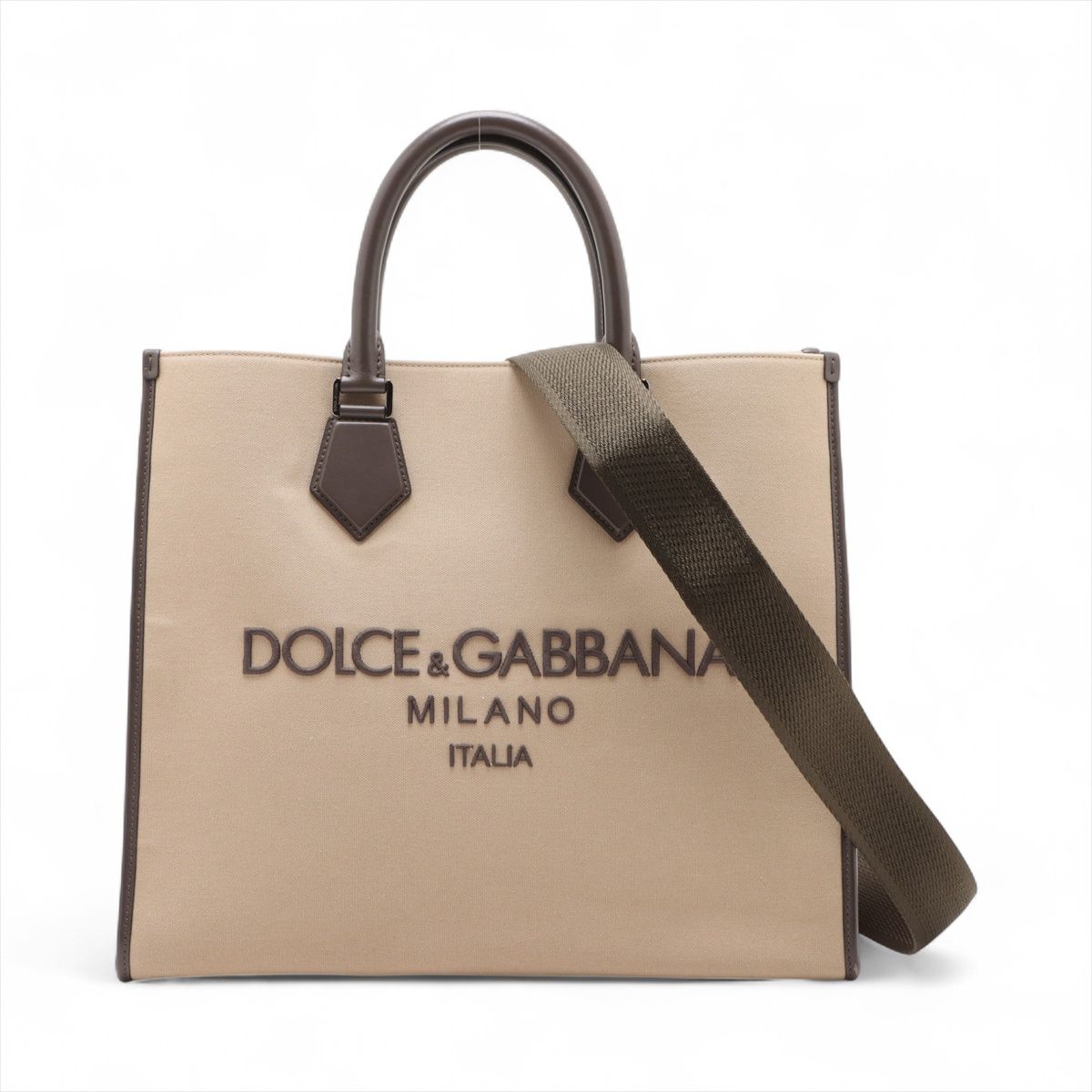D & G - 【中古】ドルチェ&ガッバーナ ロゴ ショッピングバッグ キャンバス×レザー 2WAYトートバッグ ベージュ×ブラウン