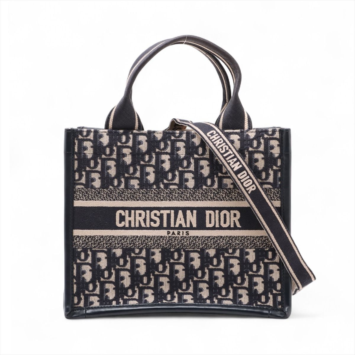 CHRISTIAN DIOR - 【中古】クリスチャンディオール オブリーク ブックトート スモール キャンバス×レザー 2WAYハンドバッグ ネイビー
