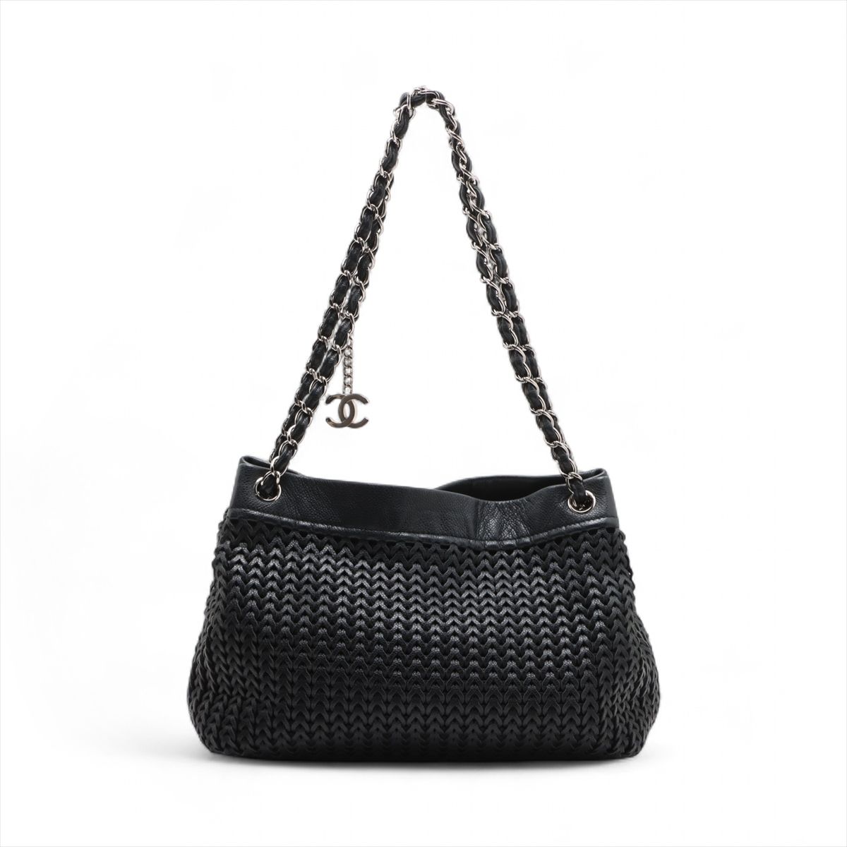 CHANEL - 【中古】シャネル ココマーク キャビアスキン チェーントートバッグ 編み込み ブラック シルバー金具 9番台