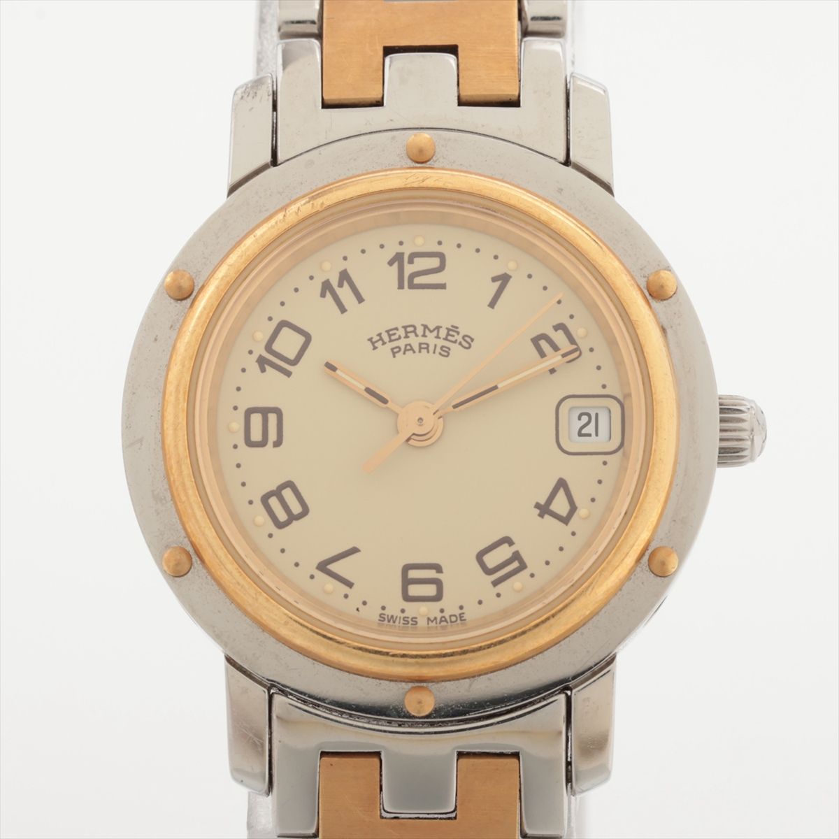 【中古】エルメス クリッパー CL4.220 GP×SS GP×SS QZ アイボリー文字盤
