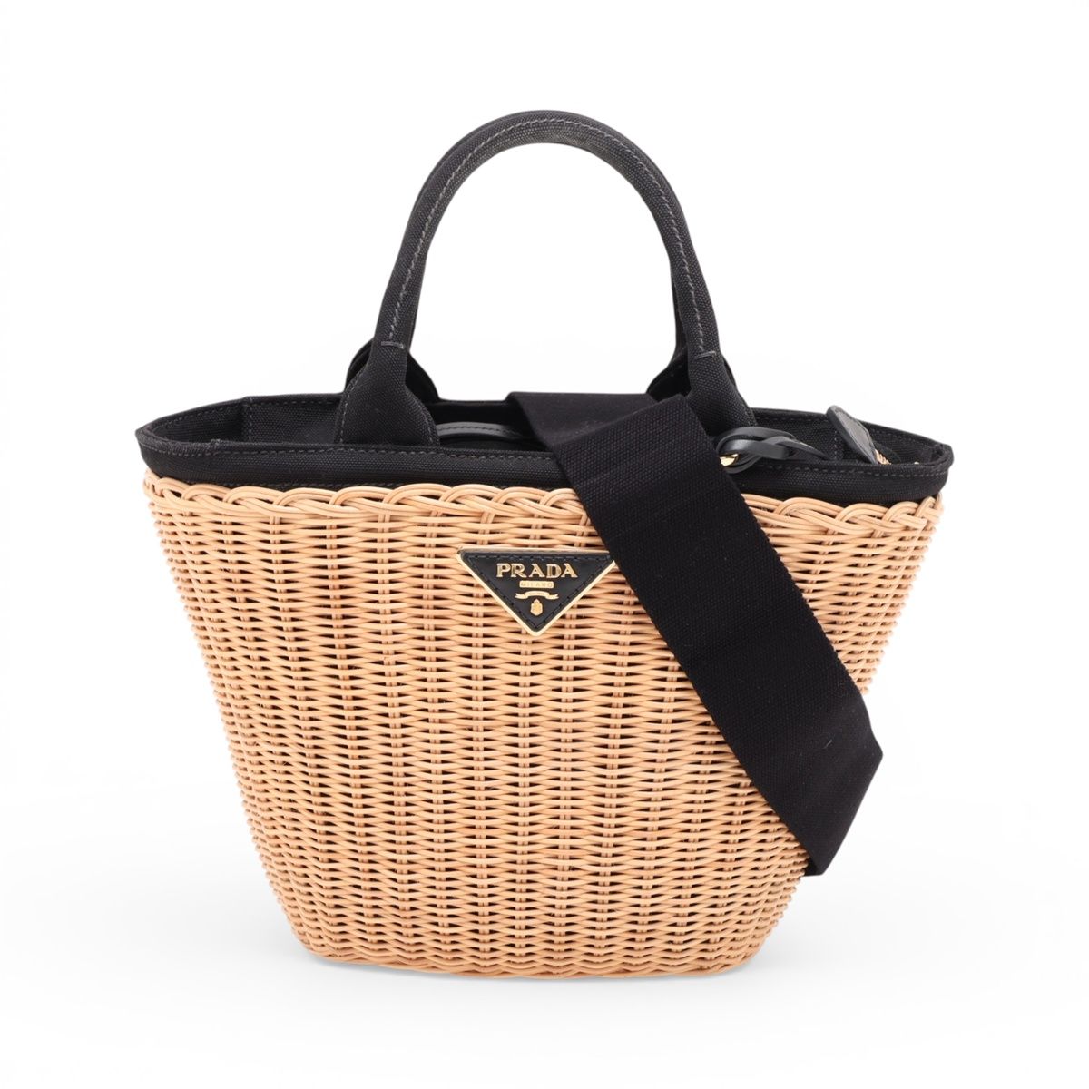 PRADA ラタン トートバッグ ベージュ/ブラック　1BG835 PRADA ラタン トートバッグ ベージュ/ブラック 1BG835 PRADA ラタン