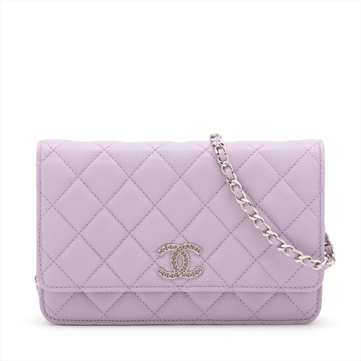【中古】シャネル マトラッセ キャビアスキン チェーンウォレット パープル シルバー金具のサムネイル