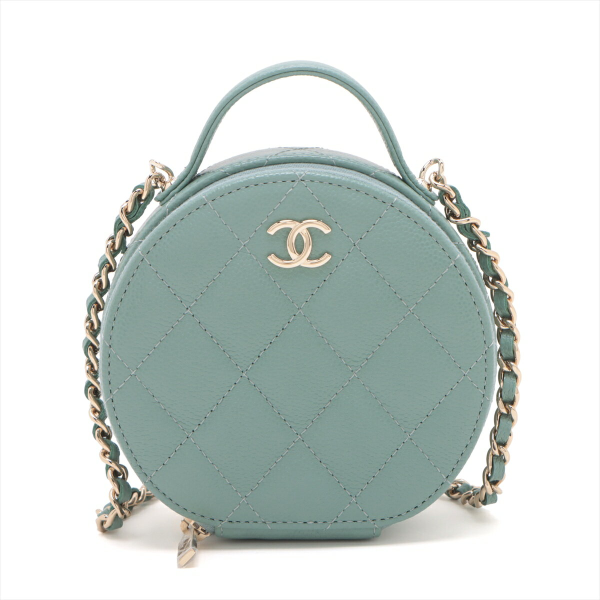 【中古】シャネル マトラッセ キャビアスキン チェーンショルダーバッグ バニティ ラウンド グリーン ゴールド金具 31番台 AP2502のサムネイル