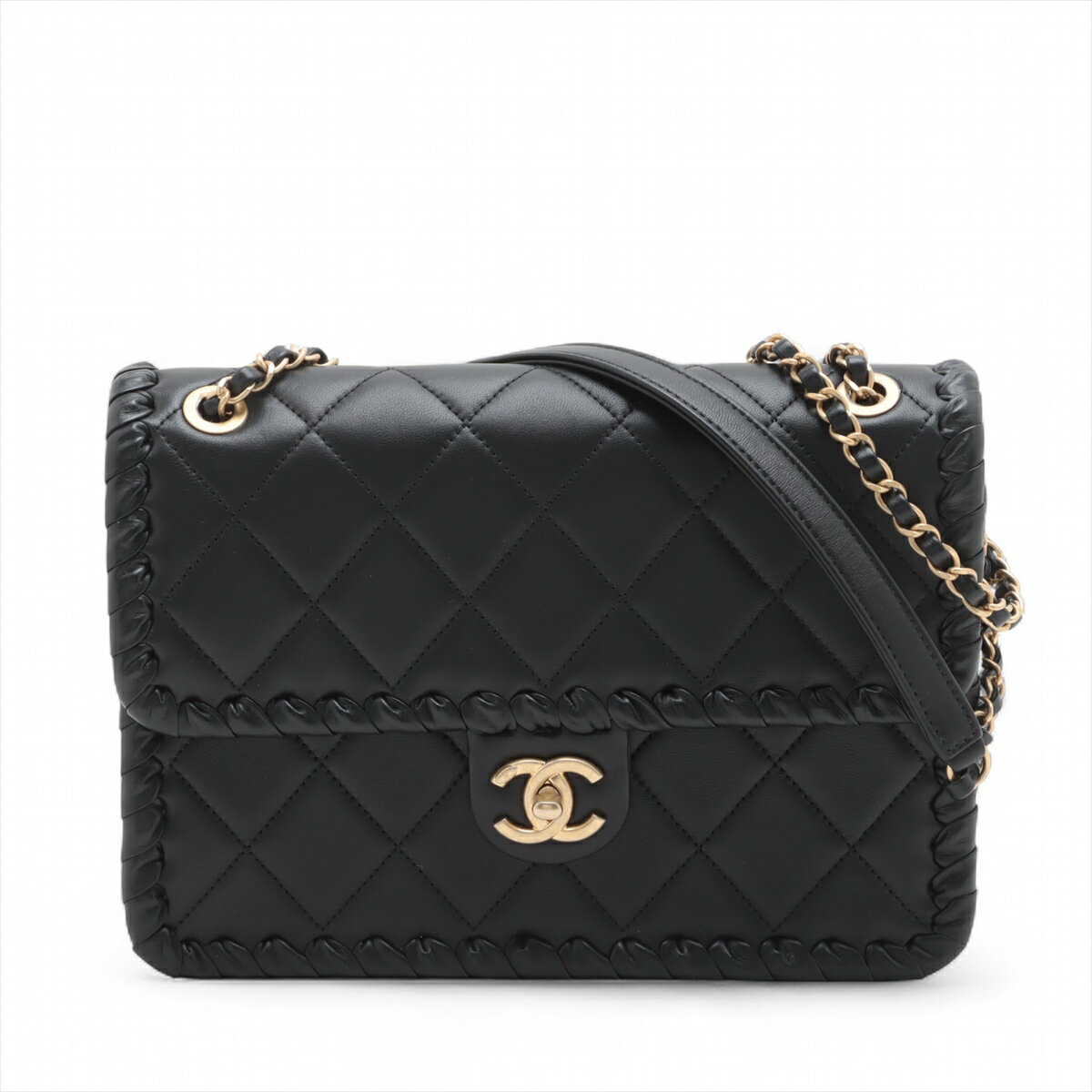 【中古】シャネル マトラッセ ラムスキン シングルフラップ ダブルチェーンバッグ ブラック ゴールド金具 ランダムプレートのサムネイル