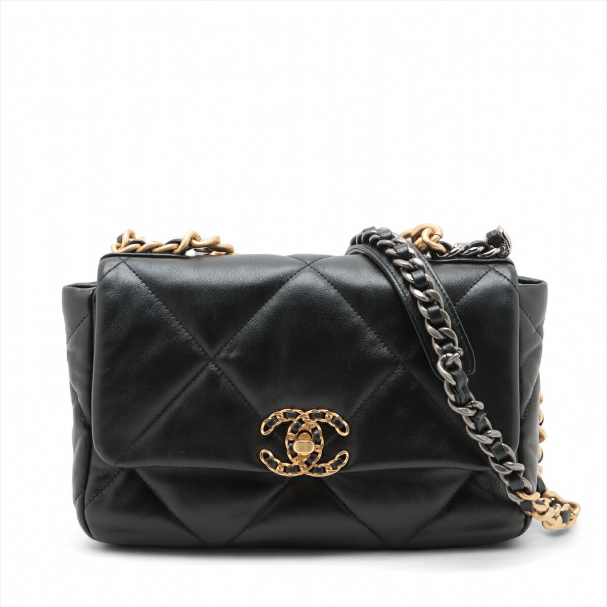 【中古】シャネル シャネル19 ラムスキン チェーンショルダーバッグ ブラック ゴールド×シルバー金具 ランダムプレート AS1160のサムネイル