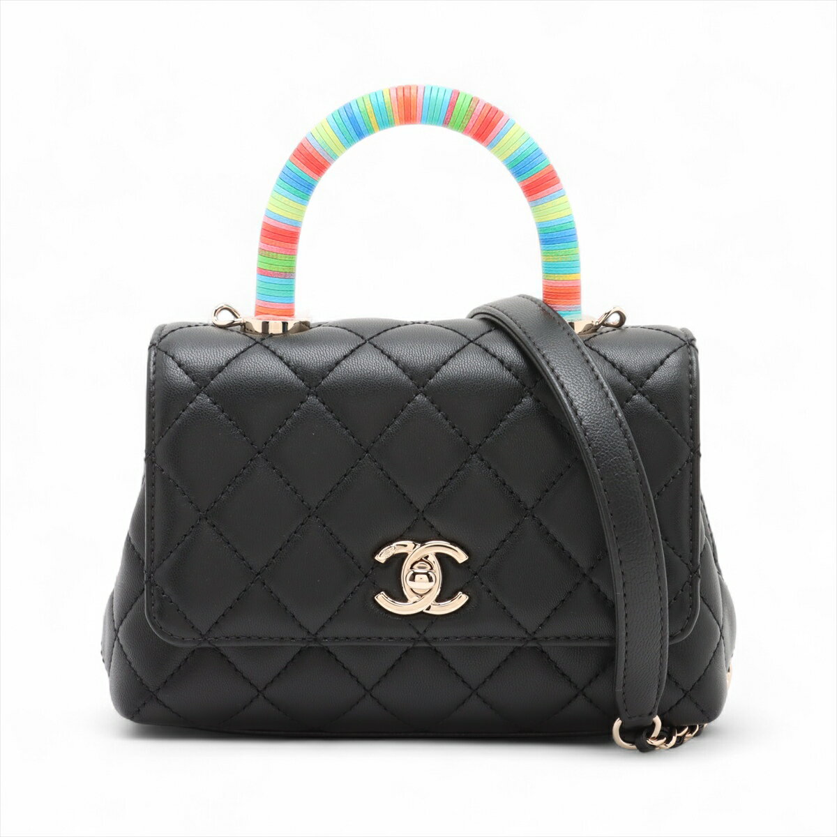 【中古】シャネル ココハンドル19 XXS ラムスキン 2WAYハンドバッグ ブラック ゴールド金具 31番台 AS2215