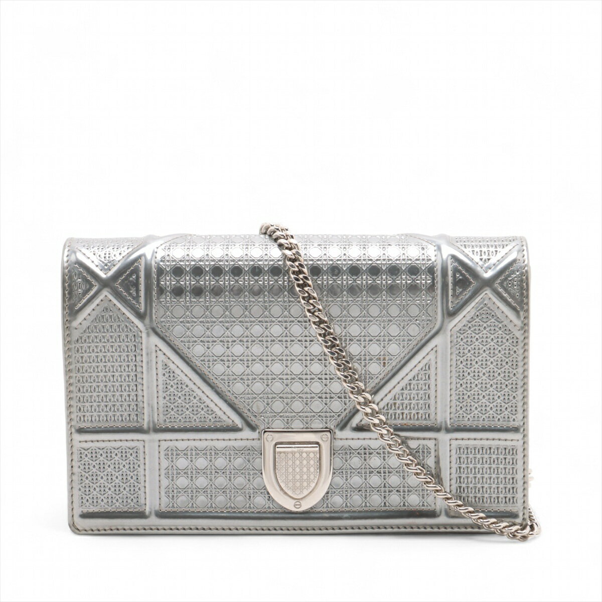 【中古】クリスチャンディオール ディオラマ パテントレザー チェーンウォレット シルバー