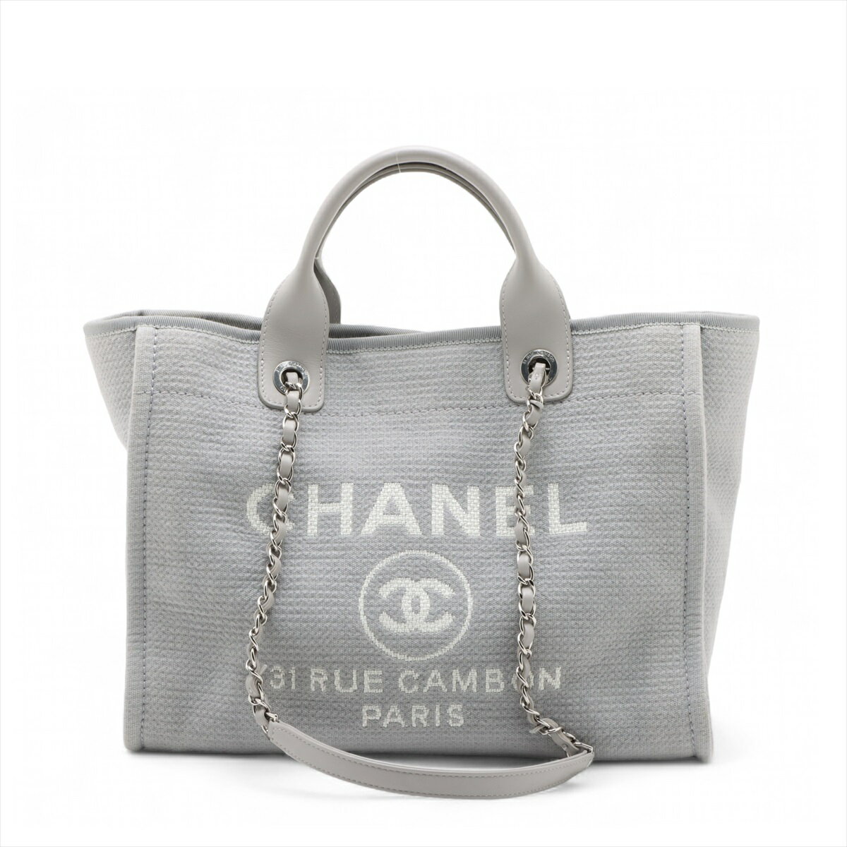 【中古】シャネル ドーヴィルMM キャンバスxレザー 2WAYハンドバッグ グレー シルバー金具 ランダムプレートのサムネイル
