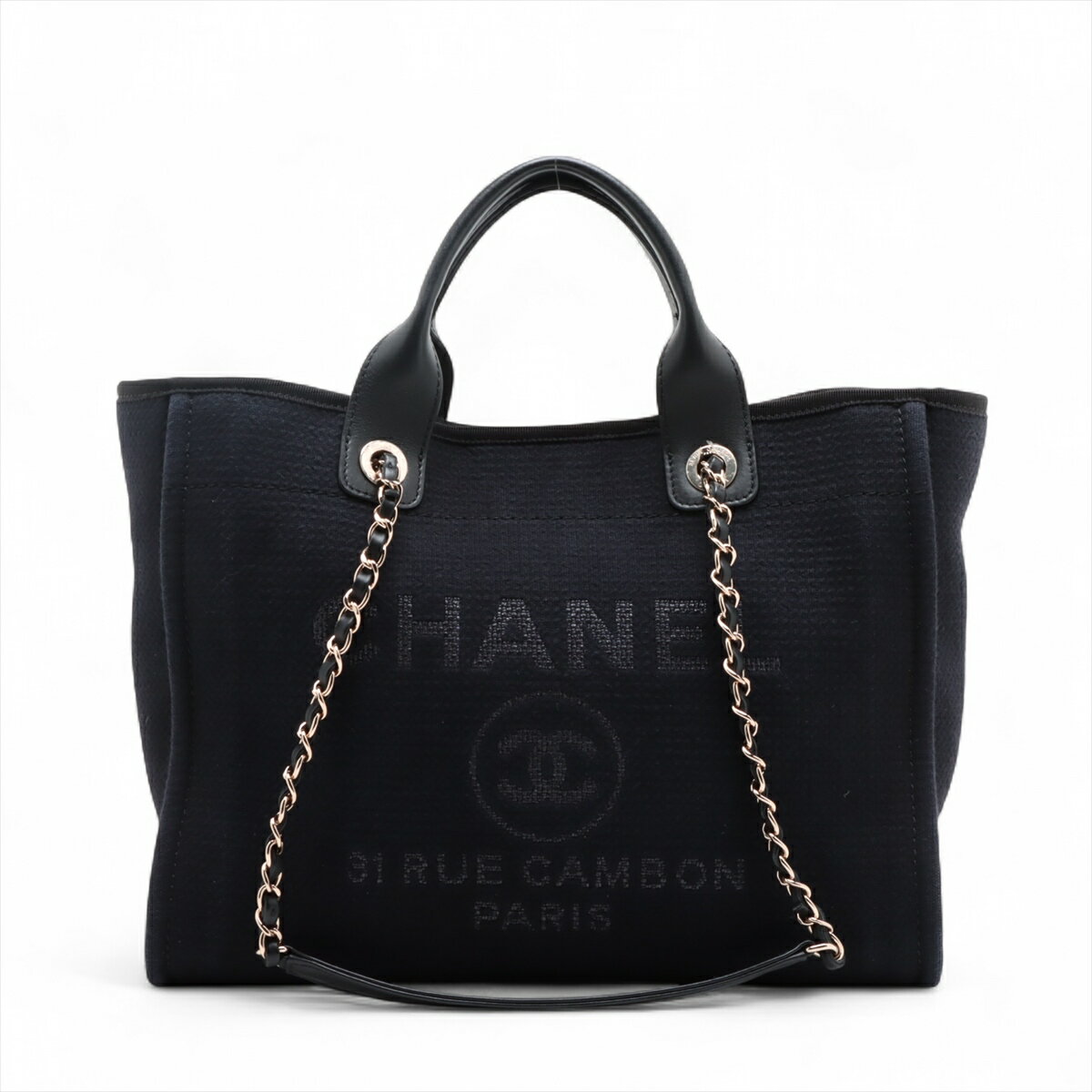 【中古】シャネル ドーヴィルGM ミックスファイバーxレザー 2WAYトートバッグ ブラック ゴールド金具 ランダムプレートのサムネイル