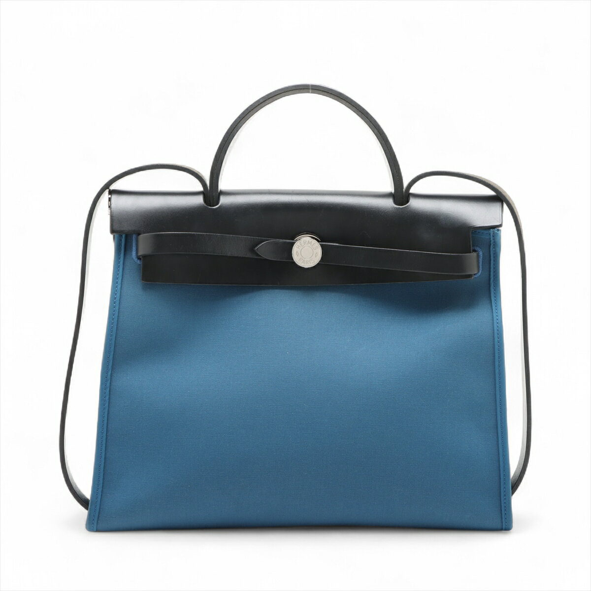 【中古】エルメス エールバッグジップPM トワルオフィシエxレザー ブルー シルバー金具 C:2018年(4)