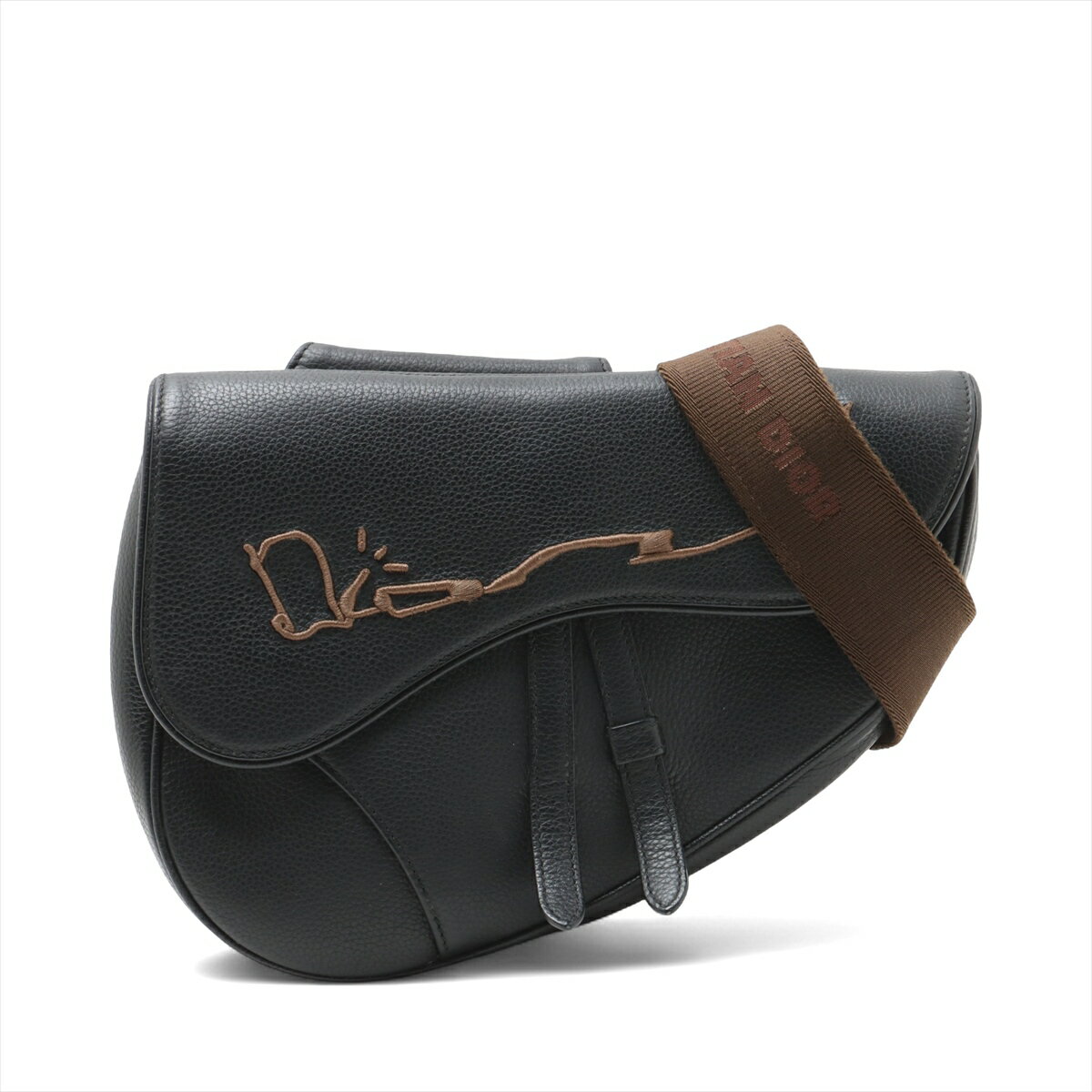 【中古】ディオール×カクタスジャック サドル レザー ボディバッグ ブラック