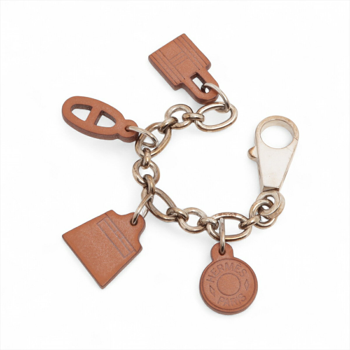 【中古】エルメス アミュレット チャーム GP×革 シルバー×ブラウン