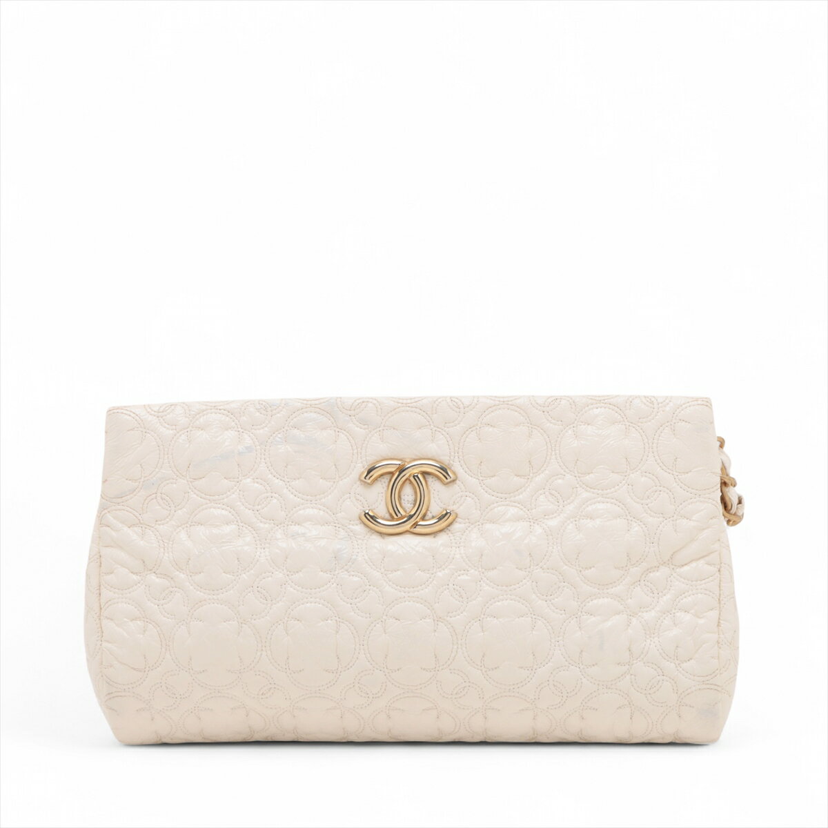 【中古】シャネル ココマーク コーティングレザー クラッチバッグ ホワイト ゴールド金具 12番台