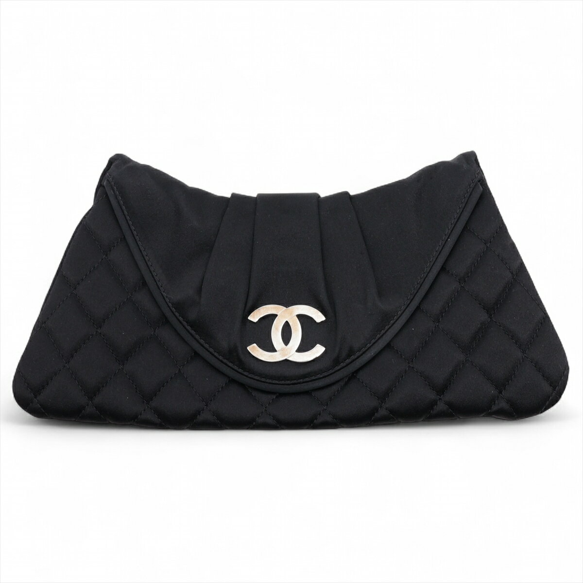 【中古】シャネル ココマーク サテン ポーチ ブラック シルバー金具 13番台