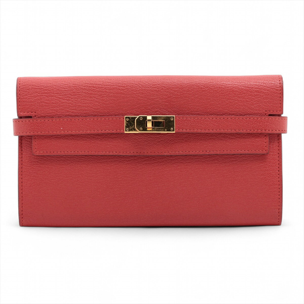 【中古】エルメス ケリーウォレット シェブルミゾル ロングウォレット ルージュトマト ゴールド金具 A:..